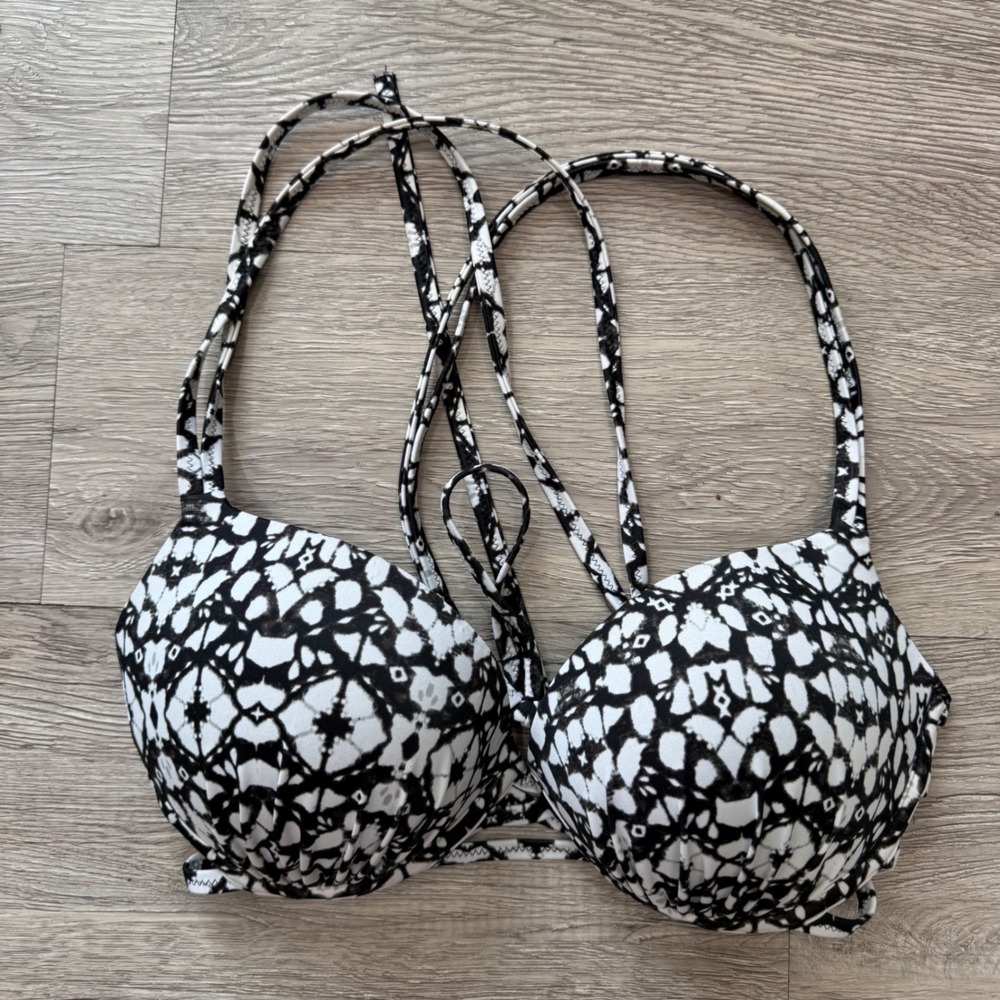 Shade & Shore Womens Black White Abstract Print Push Up‎ Strappy Bikini Top